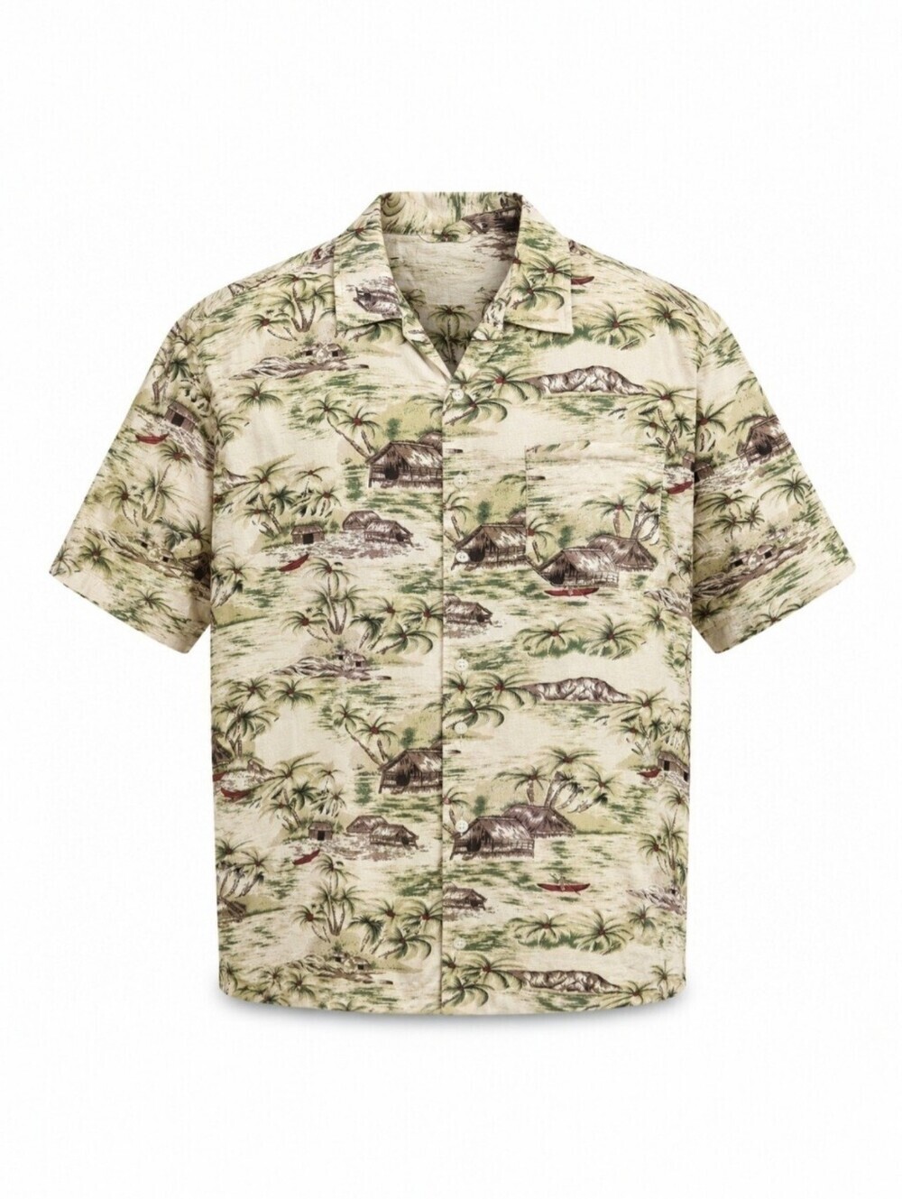 GAP Men's Hawaiian Aloha Camp Shirt L Yellow Tropical Tiki Palm Tree Button Up